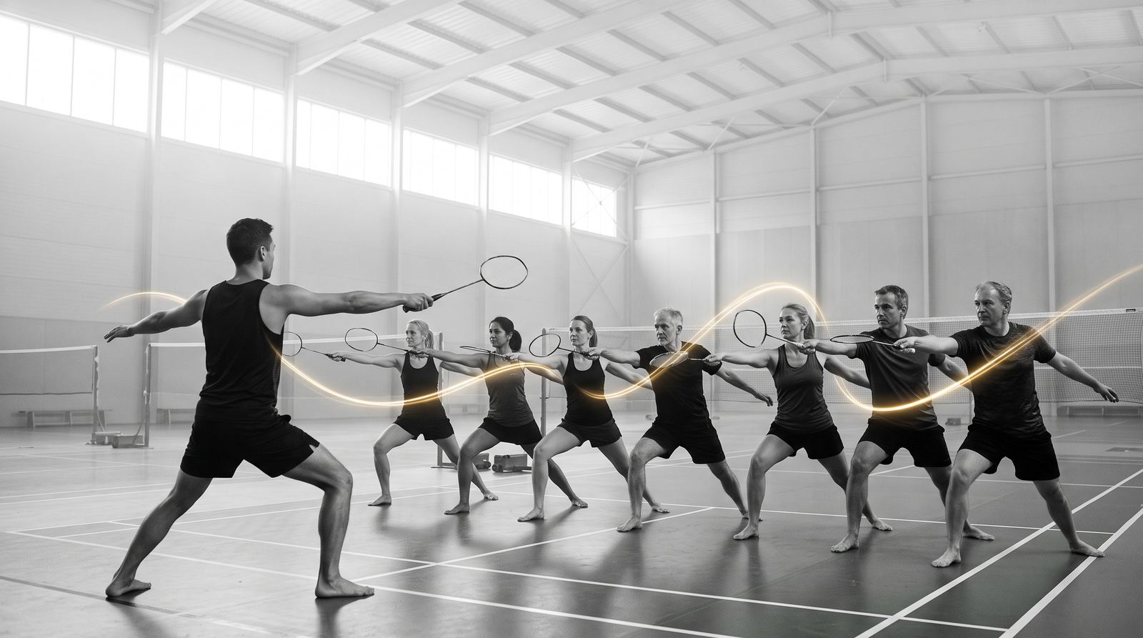 Trænere i krigerstilling med ketchere i en badmintonhal